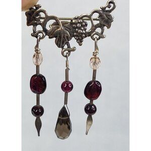 Lapel Pin Grape Leaf Red Beads 925 Sterling Silver Hanging Detail Brooch Jewelry